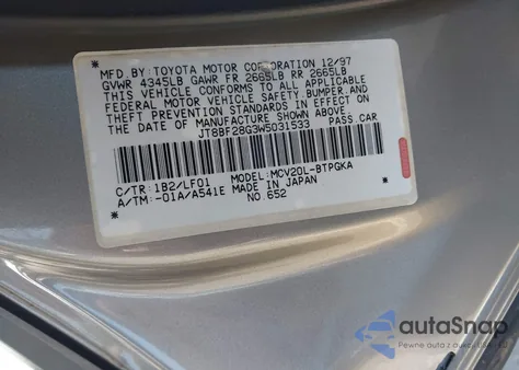 1998 Lexus Es 300 z USA, uszkodzony, nr VIN JT8BF28G3W5031533